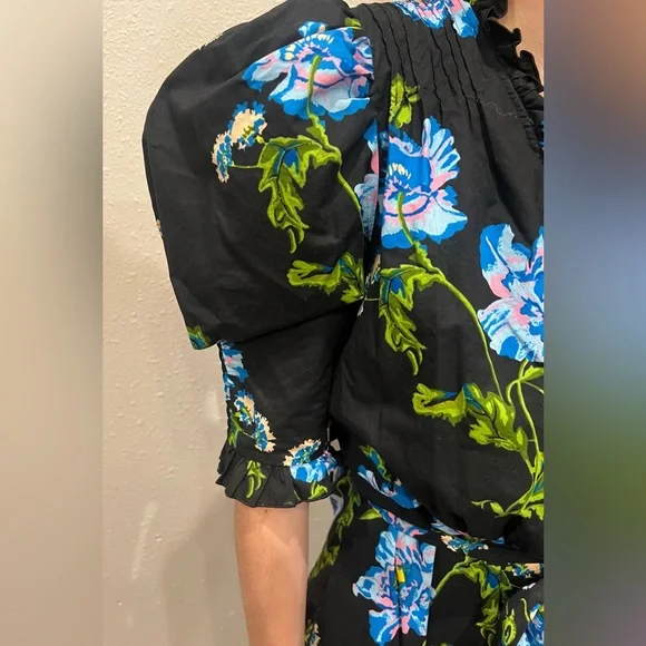 Diane Von Furstenberg | Deacon Floral Puff Sleeve Cotton Midi Dress Floral Black - Picture 5 of 15